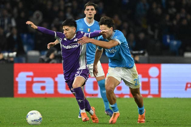 CALCIO - Serie A - SSC Napoli vs ACF Fiorentina Antonio Vergara of SSC Napoli competes for the ball with Marin Pongracic of ACF fiorentina during Serie A Enelive match between SSC Napoli vs ACF Fiorentina:Danilo Gemito Live Photo Naples Italy  Copyright: xIPAxSport ABACAx