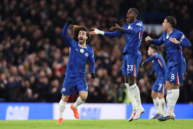 Chelsea gegen West Ham 28. Januar 2026, London Premier League Fußball Chelsea gegen West Ham United Marc Cucurella von Chelsea feiert sein 2. Tor Foto Charlotte Wilson Abseits London UK  Copyright: xCharlottexWilsonx xOffsidexOffside