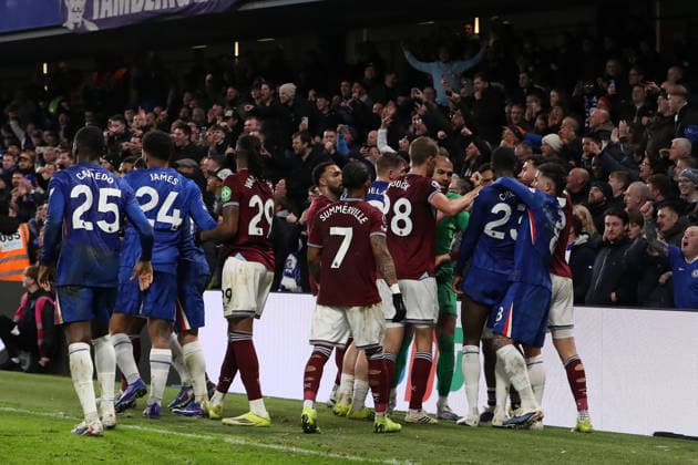 31st January 2026; Stamford Bridge, Chelsea, London, England: Premier League Football, Chelsea versus West Ham United; Players from both sides shoving each other in the 90th+7 minute  KatiexChan Content restricted for UK based newspaper