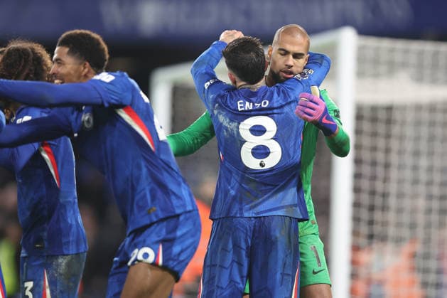 31st January 2026; Stamford Bridge, Chelsea, London, England: Premier League Football, Chelsea versus West Ham United; Enzo Fernandez and goalkeeper Robert Sanchez of Chelsea celebrate after the final whistle  KatiexChan Content restricted for UK based newspaper
