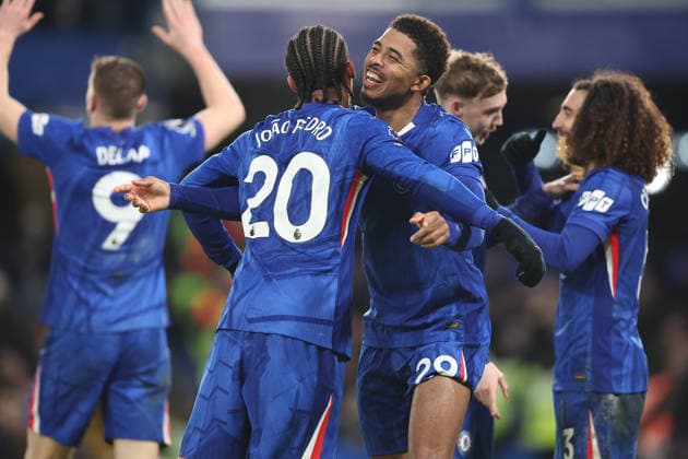 31st January 2026; Stamford Bridge, Chelsea, London, England: Premier League Football, Chelsea versus West Ham United; Joao Pedro and Wesley Fofana of Chelsea celebrate after the final whistle  KatiexChan Content restricted for UK based newspaper