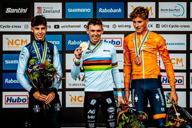 Cyclocross - UCI cyclo-cross World Championships Hulst - Day 2 The podium of the UCI Cyclo-cross World Championships Men U23 in Hulst, with Aaron Dockx (BEL ) crowned world champion ahead of Aubin Sparfel (FRA ) in second and Keije Solen (NED ) in third 2026 UCI cyclo-cross World Championships Men U23 - Hulst The Netherlands Photo: Stijn Bastens CC Hulst The Netherlands  Copyright: xContentxCurationx StijnxBastensx xCCx