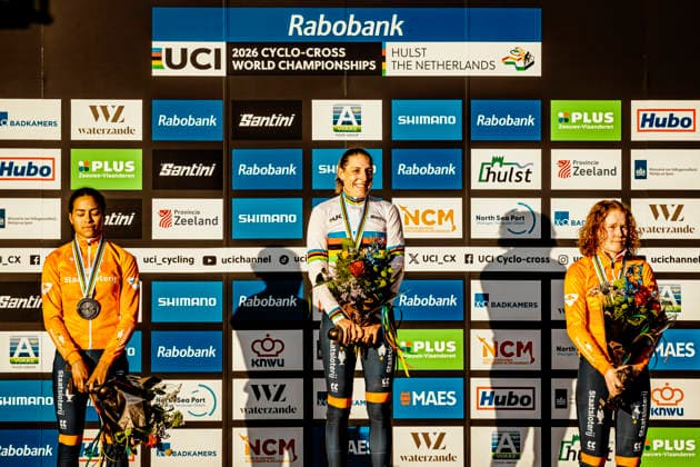 Cyclocross - UCI cyclo-cross World Championships Hulst - Day 2 An all-Dutch podium at the UCI Cyclo-cross World Championships Women Elite in Hulst: Lucinda Brand (NED Baloise Verzekeringen - Het Poetsbureau Lions) crowned world champion, joined by Ceylin del Carmen Alvarado (NED Fenix - Premier Tech) in second and Puck Pieterse (NED Fenix - Premier Tech) in third 2026 UCI cyclo-cross World Championships Women Elite - Hulst The Netherlands Photo: Stijn Bastens CC Hulst The Netherlands  Copyright: xContentxCurationx StijnxBastensx xCCx
