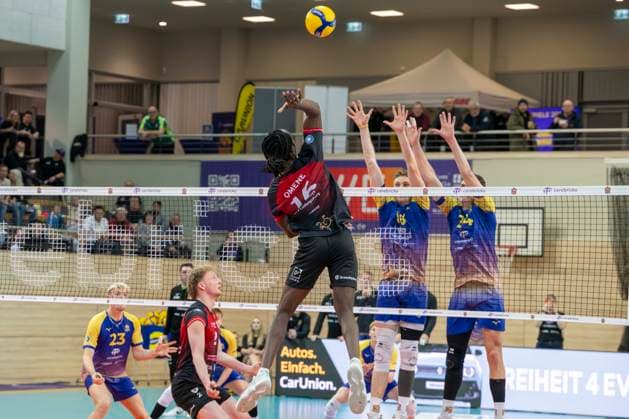 1 Volleyball Bundesliga Season 2025 2026 Cerebricks Volley Goats Mitteldeutschland vs Barock Volleys MTV Ludwigsburg Halle, Germany January 31, 2026 In the picture from left Nyherowo Omene Ludwigsburg , Dax Tompkins Bitterfeld and Clay Wieter Bitterfeld Halle Saale swh Arena Sachsen Anhalt Germany
