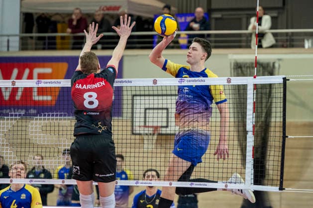 1 Volleyball Bundesliga Season 2025 2026 Cerebricks Volley Goats Mitteldeutschland vs Barock Volleys MTV Ludwigsburg Halle, Germany January 31, 2026 Pictured from left Tomi Saarinen Ludwigsburg and Clay Wieter Bitterfeld Halle Saale swh Arena Sachsen Anhalt Germany