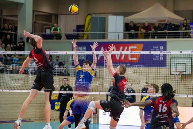 1 Volleyball Bundesliga Season 2025 2026 Cerebricks Volley Goats Mitteldeutschland vs Barock Volleys MTV Ludwigsburg Halle, Germany January 31, 2026 Pictured from left Jan Huber Ludwigsburg , Nick Breitenbach Bitterfeld and Tomi Saarinen Ludwigsburg Halle Saale swh Arena Sachsen Anhalt Germany