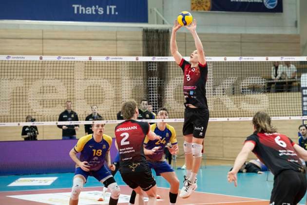 1 Volleyball Bundesliga Season 2025 2026 Cerebricks Volley Goats Mitteldeutschland vs Barock Volleys MTV Ludwigsburg Halle, Germany January 31, 2026 In the picture from left Dax Tompkins Bitterfeld , Philipp Herrmann Ludwigsburg , Clay Wieter Bitterfeld and Tomi Saarinen Ludwigsburg Halle Saale swh Arena Sachsen Anhalt Germany