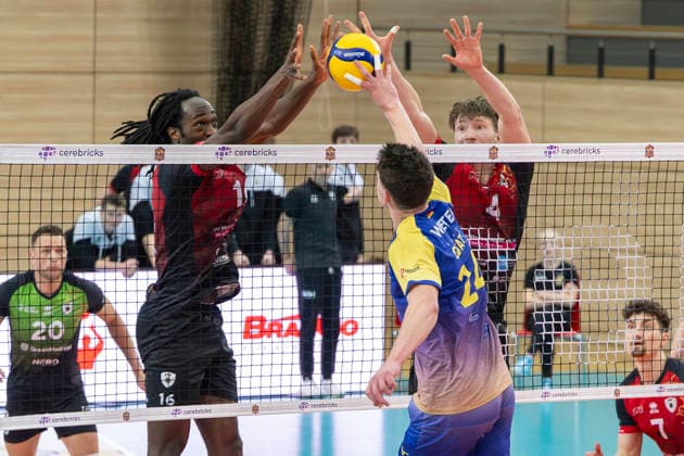 1 Volleyball Bundesliga Season 2025 2026 Cerebricks Volley Goats Mitteldeutschland vs Barock Volleys MTV Ludwigsburg Halle, Germany January 31, 2026 Pictured from left Nyherowo Omene Ludwigsburg , Clay Wieter Bitterfeld and Darius Diefenbach Ludwigsburg Halle Saale swh Arena Sachsen Anhalt Germany