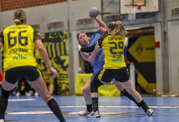 GER, Dortmund, Borussia Dortmund vs HSG Bensheim Auerbach Flames, Alsco Handball Bundesliga Frauen, Handball, DHB, Spielzeit 2025 2026, Sporthalle Wellinghofen, 15 Spieltag im Bild v l Nina Engel HSG Bensheim Auerbach Flames Frauen 6 , Emma Olsson Borussia Dortmund 29d DFB DFL REGULATIONS PROHIBIT ANY USE OF PHOTOGRAPHS AS IMAGE SEQUENCES AND OR QUASI VIDEO, 31 01 2026 Copyright: HMBxMedia HendrikxHamelau
