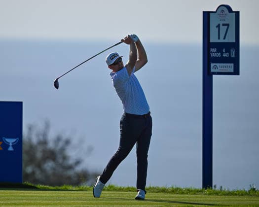 January 31, 2026: Seamus Power tees off on the 17th hole during the third round of the Farmers Insurance Open on Torrey Pines South Course in San Diego, California. CSM San Diego USA - ZUMAc04_ 20260131_zma_c04_142 Copyright: xJustinxFinex