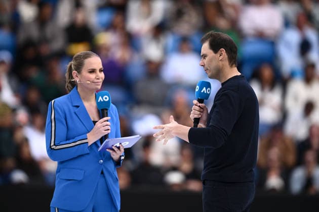 TENNIS AUSTRALIAN OPEN, Spanish former tennis player Rafael Nadal (right) is interviewed by Australian former tennis player Jelena Dokic during a fan event during Day 15 of the 2026 Australian Open tennis tournament at Melbourne Park in Melbourne, Sunday, February 1, 2026. ( NO ARCHIVING MELBOURNE VICTORIA AUSTRALIA  Copyright: xJOELxCARRETTx 20260201183847916490