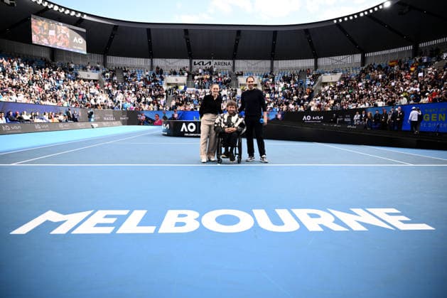 TENNIS AUSTRALIAN OPEN, Spanish former tennis player Rafael Nadal (right) poses for a photo with former Australian tennis player Ash Barty (left) and former Australian tennis player Dylan Alcott during a fan event during Day 15 of the 2026 Australian Open tennis tournament at Melbourne Park in Melbourne, Sunday, February 1, 2026. ( NO ARCHIVING MELBOURNE VICTORIA AUSTRALIA  Copyright: xJOELxCARRETTx 20260201115746794097