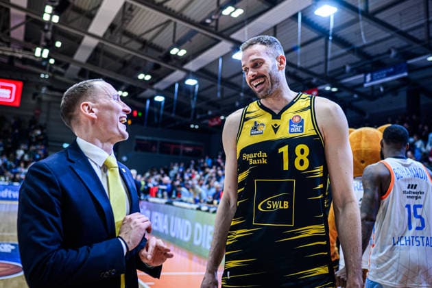 easycredit BBL Basketball Bundesliga 2025 2026 18 Matchday 31 01 2026 Science City Jena vs MHP RIESEN Ludwigsburg v right visibly satisfied after the end of the game Coach Mikko Riipinen and player Jonas Wohlfarth Bottermann, both Ludwigsburg Sparkassen Arena