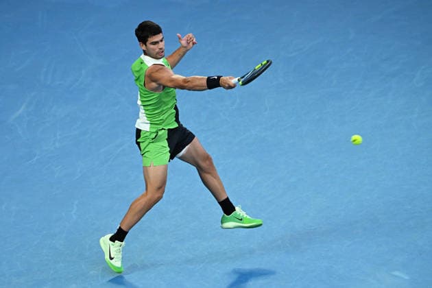 TENNIS AUSTRALIAN OPEN, Carlos Alcaraz of Spain in action during the men™s singles final against Novak Djokovic of Serbia on day 15 of the 2026 Australian Open tennis tournament at Melbourne Park in Melbourne, Sunday, February 1, 2026. ( NO ARCHIVING MELBOURNE VICTORIA AUSTRALIA  Copyright: xJAMESxROSSx 20260201168793225307