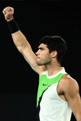 TENNIS AUSTRALIAN OPEN, Carlos Alcaraz of Spain reacts during the men™s singles final against Novak Djokovic of Serbia on day 15 of the 2026 Australian Open tennis tournament at Melbourne Park in Melbourne, Sunday, February 1, 2026. ( NO ARCHIVING MELBOURNE VICTORIA AUSTRALIA  Copyright: xJOELxCARRETTx 20260201110401621922