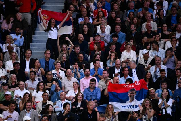 TENNIS AUSTRALIAN OPEN, Serbian fans show their support as Novak Djokovic of Serbia plays during the men™s singles final against Carlos Alcaraz of Spain on day 15 of the 2026 Australian Open tennis tournament at Melbourne Park in Melbourne, Sunday, February 1, 2026. ( NO ARCHIVING MELBOURNE VICTORIA AUSTRALIA  Copyright: xJAMESxROSSx 20260201123983370040