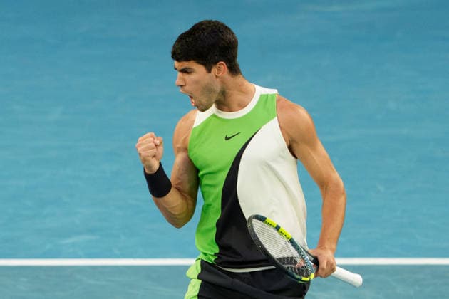 February 1, 2026: 1st seed CARLOS ALCARAZ of Spain in action against 4th seed NOVAK DJOKOVIC of Serbia on Rod Laver Arena in the Men s Singles Final match on day 15 of the 2026 Australian Open in Melbourne, Australia. Cal Media Melbourne Australia - ZUMAc04_ 20260201_faf_c04_013 Copyright: xSydneyxLowx