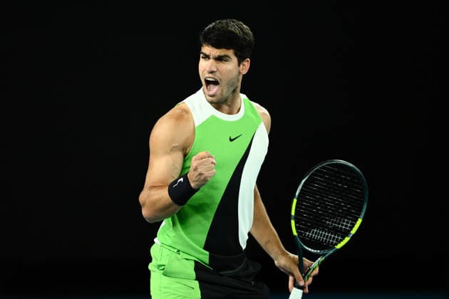 TENNIS AUSTRALIAN OPEN, Carlos Alcaraz of Spain reacts during the men™s singles final against Novak Djokovic of Serbia on day 15 of the 2026 Australian Open tennis tournament at Melbourne Park in Melbourne, Sunday, February 1, 2026. ( NO ARCHIVING MELBOURNE VICTORIA AUSTRALIA  Copyright: xJOELxCARRETTx 20260201166715042852