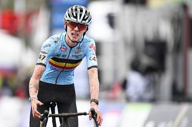 Belgian Giel Lejeune reacts as he finishes third at the junior men race at UCI Cyclocross World Championships, on Sunday 01 February 2026, in Hulst, The Netherlands. DAVIDxPINTENS  x160214332x