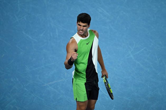 TENNIS AUSTRALIAN OPEN, Carlos Alcaraz of Spain reacts during the men™s singles final against Novak Djokovic of Serbia on day 15 of the 2026 Australian Open tennis tournament at Melbourne Park in Melbourne, Sunday, February 1, 2026. ( NO ARCHIVING MELBOURNE VICTORIA AUSTRALIA  Copyright: xJAMESxROSSx 20260201112330934059