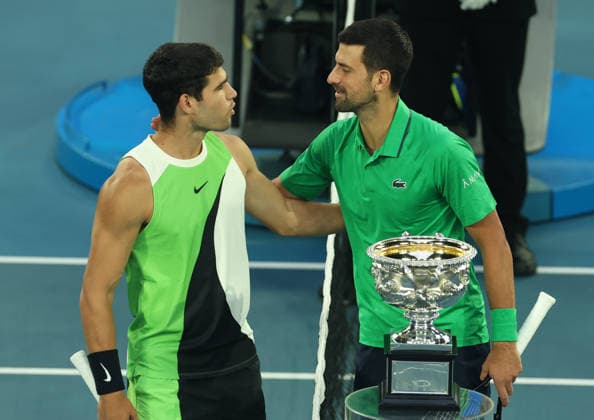 February 1, 2026, Melbourne, Victoria, Australia: CARLOS ALCARAZ of Spain and NOVAK DJOKOVIC of Serbia before the match n the final of Australian Open, Melbourne, Australia. Melbourne Australia - ZUMAc278 20260201_zsp_c278_025 Copyright: xMarcinxCholewinskix