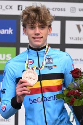 Bronze medalist Belgian Giel Lejeune celebrates on the podium of the junior men race at UCI Cyclocross World Championships, on Sunday 01 February 2026, in Hulst, The Netherlands. DAVIDxPINTENS  x160220319x