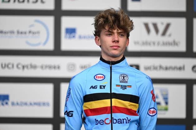 Bronze medalist Belgian Giel Lejeune celebrates on the podium of the junior men race at UCI Cyclocross World Championships, on Sunday 01 February 2026, in Hulst, The Netherlands. DAVIDxPINTENS  x160220334x