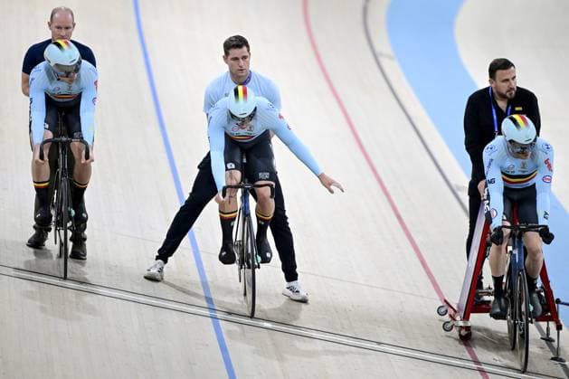 Belgian Mathijs Verhoeven, Belgian Yeno Vingerhoets and Belgian Lowie Nulens pictured at the start of the men s Team Sprint qualifications at the first day of the 2026 UEC Track Elite European Championships, in Konya, Turkey, Sunday 01 February 2026. The European Championships take place from 01 to 05 February 2026. DIRKxWAEM  x160220772x