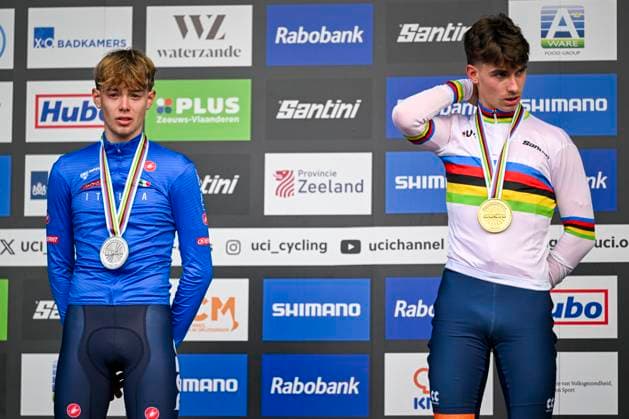 UCI World Championships 2026 Hulst HULST, BELGIUM - FEBRUARY 01 : Heeren Delano (Ned), Grigolini Filippo (Ita) on the podium during the 2026 UCI Cyclo-Cross World Championships for Men Junior on February 01, 2026 in Hulst, Belgium, 01 02 2026 Hulst Belgium  Copyright: xNicoxVereeckenx