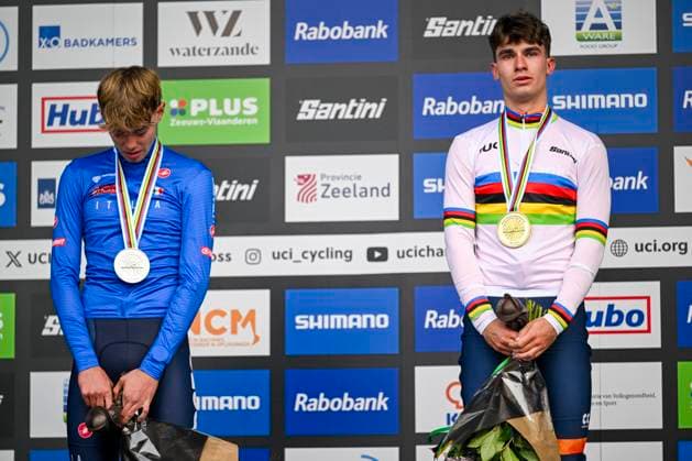 UCI World Championships 2026 Hulst HULST, BELGIUM - FEBRUARY 01 : Heeren Delano (Ned), Grigolini Filippo (Ita) on the podium during the 2026 UCI Cyclo-Cross World Championships for Men Junior on February 01, 2026 in Hulst, Belgium, 01 02 2026 Hulst Belgium  Copyright: xNicoxVereeckenx