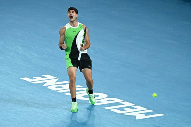 TENNIS AUSTRALIAN OPEN, Carlos Alcaraz of Spain reacts during the men™s singles final against Novak Djokovic of Serbia on day 15 of the 2026 Australian Open tennis tournament at Melbourne Park in Melbourne, Sunday, February 1, 2026. ( NO ARCHIVING MELBOURNE VICTORIA AUSTRALIA  Copyright: xJAMESxROSSx 20260201188646752501