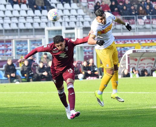 February 1, 2026, Turin, Italy: Torino s Guillermo Mariopan and Lecce s Walid Cheddira in action during the Italian Serie A soccer match Torino FC vs US Lecce a at the Olimpico Grande Torino Stadium in Turin, Italy, 1st February 2026 ANSA ALESSANDRO DI MARCO. Serie A: Torino FC Vs US Lecce  - ZUMAa110 20260201_zaf_a110_001 Copyright: xAlessandroxDixMarcox