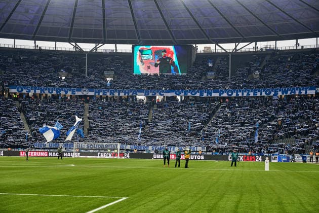 Hertha BSC Berlin, against police violence, GER, Hertha BSC vs ,SV Darmstadt 98, 2 Bundesliga, Season 2025 2026, 20 Matchday, 01 02 2026 DFL REGULATIONS PROHIBIT ANY USE OF PHOTOGRAPHS AS IMAGE SEQUENCES AND OR QUASI VIDEO GER, Hertha BSC vs ,SV Darmstadt 98, 2 Bundesliga, Season 2025 2026, 20 Matchday, 01 02 2026 Berlin Copyright: xEibner-Pressefotox xClaudiusxRauchx EP_CRH