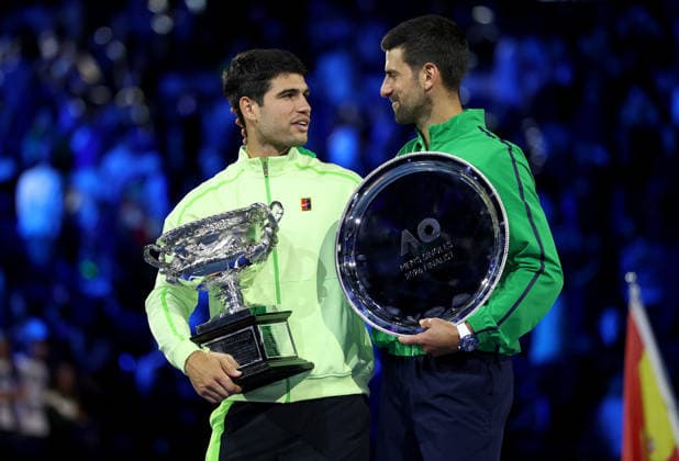 Carlos Alcaraz of Spain and Novak Djokovic of Serbia with their trophies Australian Open tennis tournament, Day Fifteen, Melbourne Park, Australia - 01 Feb 2026Melbourne Melbourne Park Victoria (VIC) Australia  Copyright: xEllaxLing Shutterstockx 16477228h