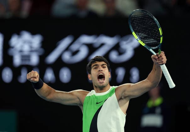 Carlos Alcaraz of Spain celebrates Australian Open tennis tournament, Day Fifteen, Melbourne Park, Australia - 01 Feb 2026Melbourne Melbourne Park Victoria (VIC) Australia  Copyright: xEllaxLing Shutterstockx 16477228d