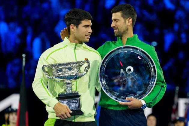February 1, 2026: 1st seed CARLOS ALCARAZ of Spain with the The Norman Brookes Challenge Cup after defeating 4th seed NOVAK DJOKOVIC of Serbia on Rod Laver Arena in the Men s Singles Final match on day 15 of the 2026 Australian Open in Melbourne, Australia. Cal Media Melbourne Australia - ZUMAc04_ 20260201_faf_c04_037 Copyright: xSydneyxLowx