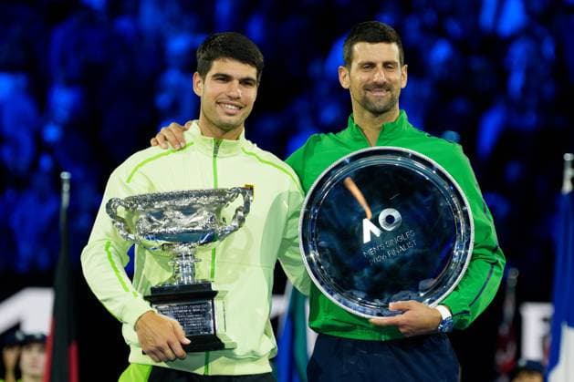 February 1, 2026: 1st seed CARLOS ALCARAZ of Spain with the The Norman Brookes Challenge Cup after defeating 4th seed NOVAK DJOKOVIC of Serbia on Rod Laver Arena in the Men s Singles Final match on day 15 of the 2026 Australian Open in Melbourne, Australia. Cal Media Melbourne Australia - ZUMAc04_ 20260201_faf_c04_038 Copyright: xSydneyxLowx