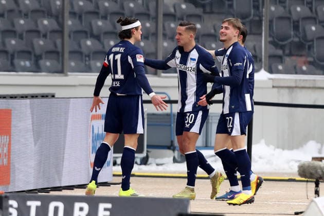 01 02 2026, xtgx, Fußball 2 Bundesliga, Hertha BSC Berlin SV Darmstadt 98 v l Torjubel nach dem Tor zum celebrating the goal celebrate 1 0 durch Fabian Reese Hertha BSC Berlin DFL DFB REGULATIONS PROHIBIT ANY USE OF PHOTOGRAPHS as IMAGE SEQUENCES and or QUASI VIDEO Berlin