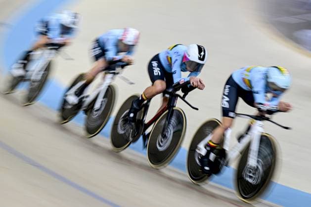 Belgian Luca Vierstraete, Belgian Katrijn De Clercq, Belgian Lotte Kopecky and Belgian Helene Hesters pictured in action during the women s Team Pursuit qualifications at the first day of the 2026 UEC Track Elite European Championships, in Konya, Turkey, Sunday 01 February 2026. The European Championships take place from 01 to 05 February 2026. DIRKxWAEM  x160234500x