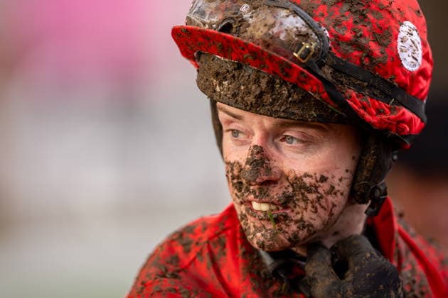 REPRO FREE *PRESS RELEASE NO REPRODUCTION FEE* EDITORIAL USE ONLY 2026 Dublin Racing Festival, Leopardstown Racecourse, Dublin 1 2 2026 Jockey JJ Slevin covered with mud after the first race at the Dublin Racing Festival JJ Slevin 1 2 2026  Copyright: x INPHO MorganxTreacyx MT2_8820