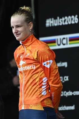 Dutch Leonie Bentveld celebrates on the podium after winning the U23 women race at UCI Cyclocross World Championships, on Sunday 01 February 2026, in Hulst, The Netherlands. ERICxLALMAND  x160237475x