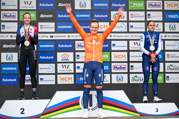 UCI World Championships 2026 Hulst HULST, THE NETHERLANDS - FEBRUARY 01 : Bentveld Leonie (Ned), Gery Celia (Fra), Chladonova Viktoria (Svk) on the podium during the 2026 UCI Cyclo-Cross World Championships for Women Under 23 on February 01, 2026 in Hulst, The Netherlands, 01 02 2026 Hulst The Netherlands  Copyright: xNicoxVereeckenx