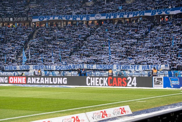 Soccer, Men, Season 2025 2026, 2 Bundesliga 20 Matchday , Hertha BSC SV Darmstadt 98, Fans of Hertha with banner Here and everywhere Solidarity is our strongest weapon, 01 02 2026, Copyright: xSebastianxRäppold MatthiasxKochx