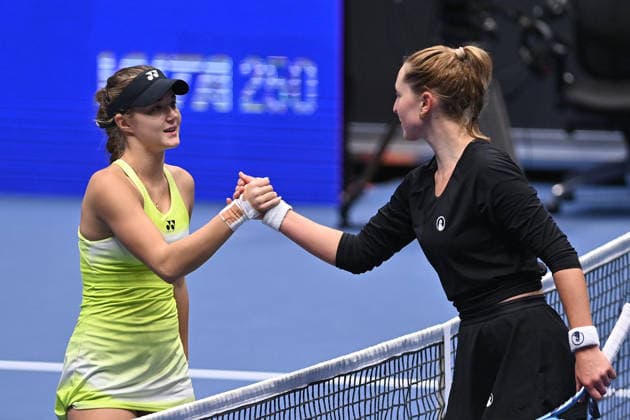 Vendula Valdmanova of Czech Republic, left, and Gabriela Knutsonova of Czech Republic after their match at the WTA, Tennis Damen women s tennis tournament Ostrava Open on February 1, 2026, in Ostrava, Czech Republic. (CTKxPhoto JaroslavxOzana) CTKPhotoP2026020103622  CTKPhotoP2026020103622