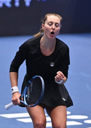 Gabriela Knutsonova of Czech Republic reacts during the WTA, Tennis Damen women s tennis tournament Ostrava Open match against Vendula Valdmanova of Czech Republic on February 1, 2026, in Ostrava, Czech Republic. (CTKxPhoto JaroslavxOzana) CTKPhotoP2026020103625  CTKPhotoP2026020103625