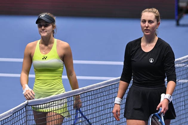 Vendula Valdmanova of Czech Republic, left, and Gabriela Knutsonova of Czech Republic after their match at the WTA, Tennis Damen women s tennis tournament Ostrava Open on February 1, 2026, in Ostrava, Czech Republic. (CTKxPhoto JaroslavxOzana) CTKPhotoP2026020103628  CTKPhotoP2026020103628