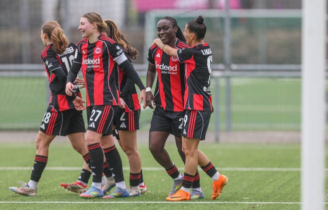 GER, Frankfurt, Eintracht Frankfurt II vs VfR Warbeyen, 2 Womens Bundesliga, Football, DFB, Season 2025 2026, Stadion am Bretanobad, 15 Matchday in picture Mira Arouna Eintracht Frankfurt II 28 scores the goal to 1 0, Cheers, joy and emotions after the goal DFB DFL REGULATIONS PROHIBIT ANY USE OF PHOTOGRAPHS AS IMAGE SEQUENCES AND OR QUASI VIDEO, 01 02 2026 Copyright: HMBxMedia HendrikxHamelau
