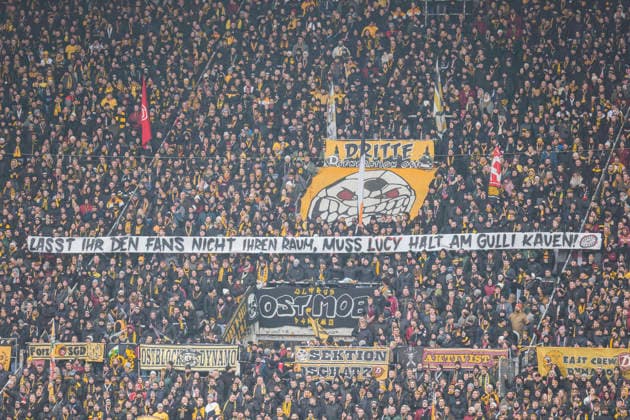 01 02 2026, xomx, Soccer 2 Bundesliga, Dynamo Dresden Arminia Bielefeld v l Fans SGD in K Block with a Protest Banner DFL DFB REGULATIONS PROHIBIT ANY USE OF PHOTOGRAPHS as IMAGE SEQUENCES and or QUASI VIDEO Dresden