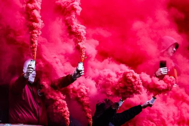 Supporters with fireworks and smoke bombs pictured during a soccer match between Standard de Liege and RSC Anderlecht, Sunday 01 February 2026 in Liege, on day 23 of the 2025-2026 Jupiler Pro League first division of the Belgian championship. BRUNOxFAHY  x160241466x