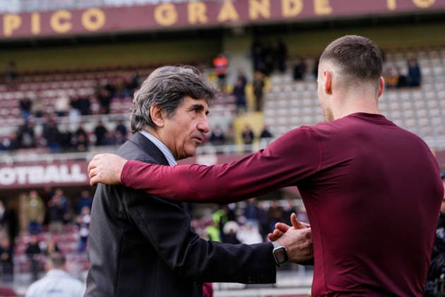 Urbano Cariro with TorinoÕs Nikola Vlasic before the Serie A soccer match between Torino Fc and Lecce at the Stadio Olimpico Grande Torino in Turin, north west Italy - February 1, 2026. - Soccer  Copyright: xFabioxFerrari LaPressex
